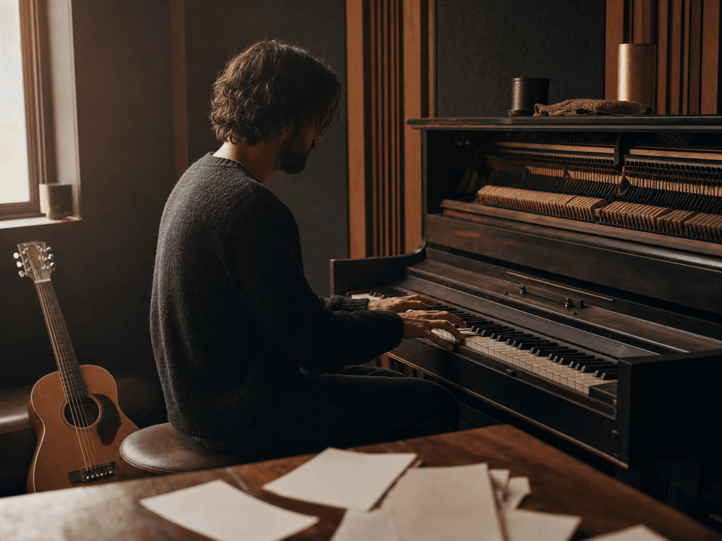 A songwriter playing an upright piano beside an acoustic guitar in a warm writing room