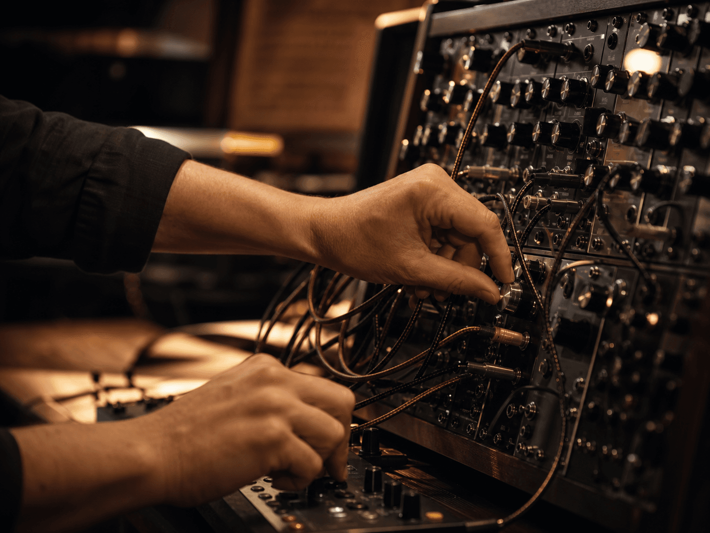 Hands shaping a sound on a modular synthesizer in a warmly lit studio